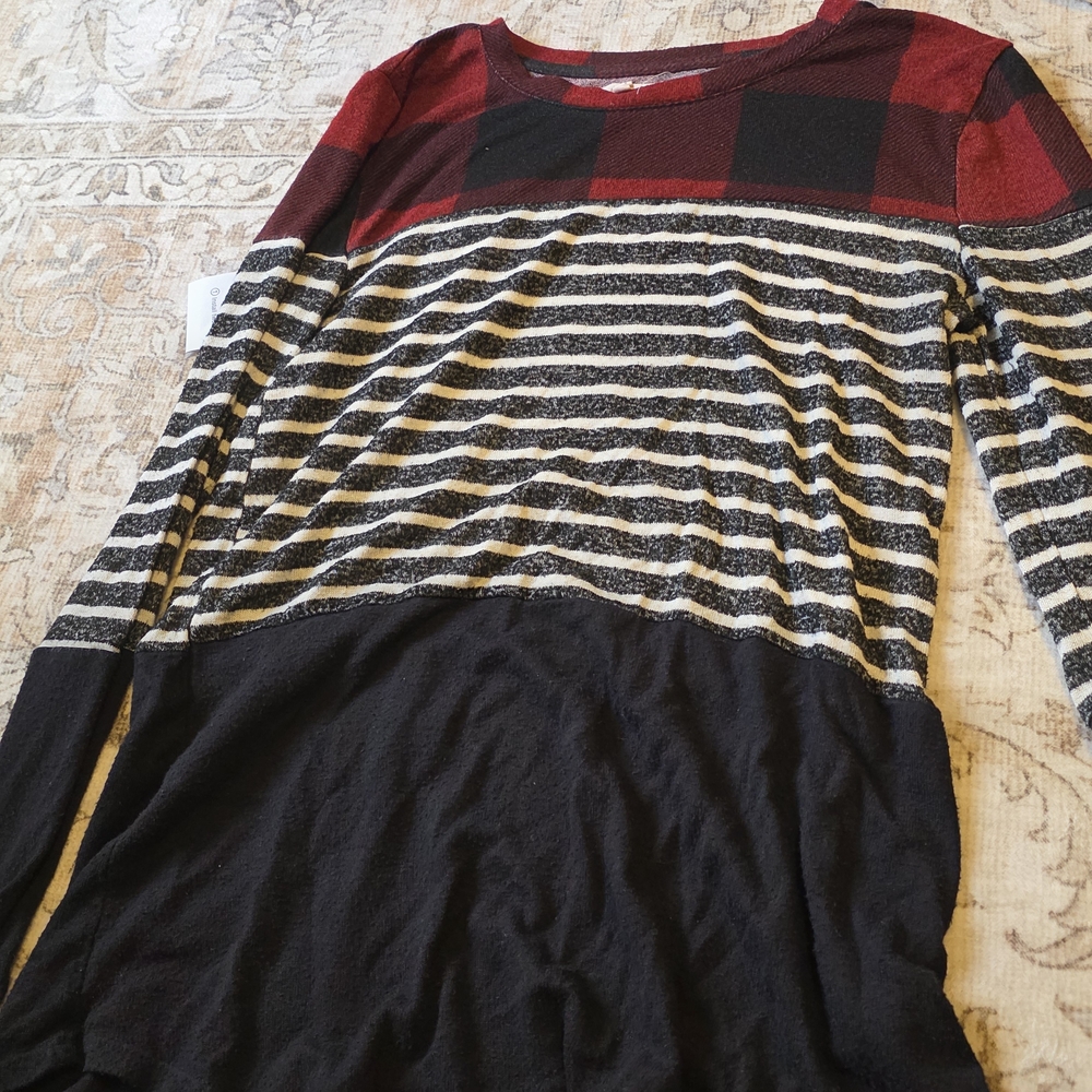 Maurices Red Plaid and Black Striped Sweater